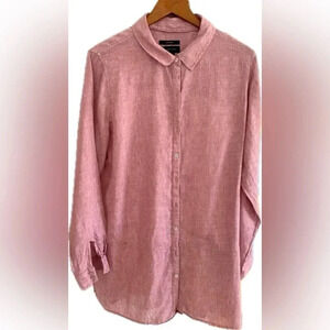 Tahari 100% Linen Chambray Long Sleeve Button Up Collared PINK Tunic Like New XL